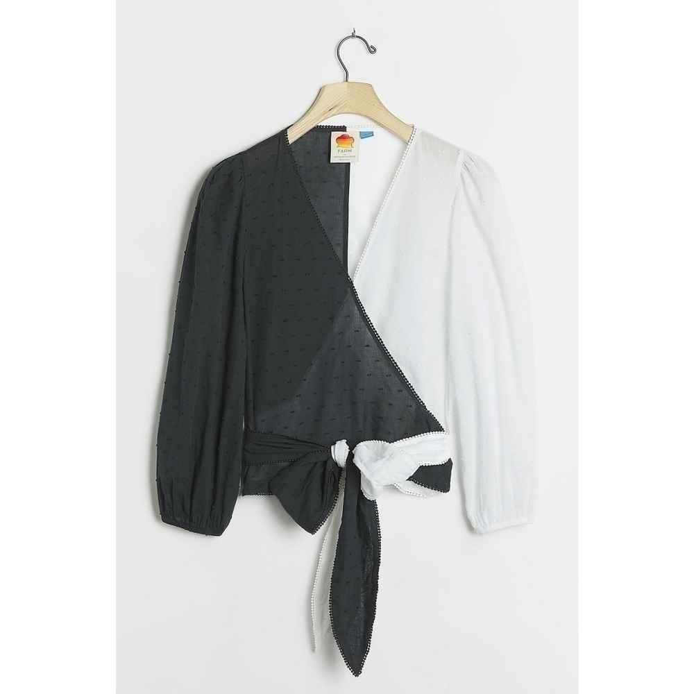 🆕 Anthro x FARM Colorblock Wrap Swiss Dot Top